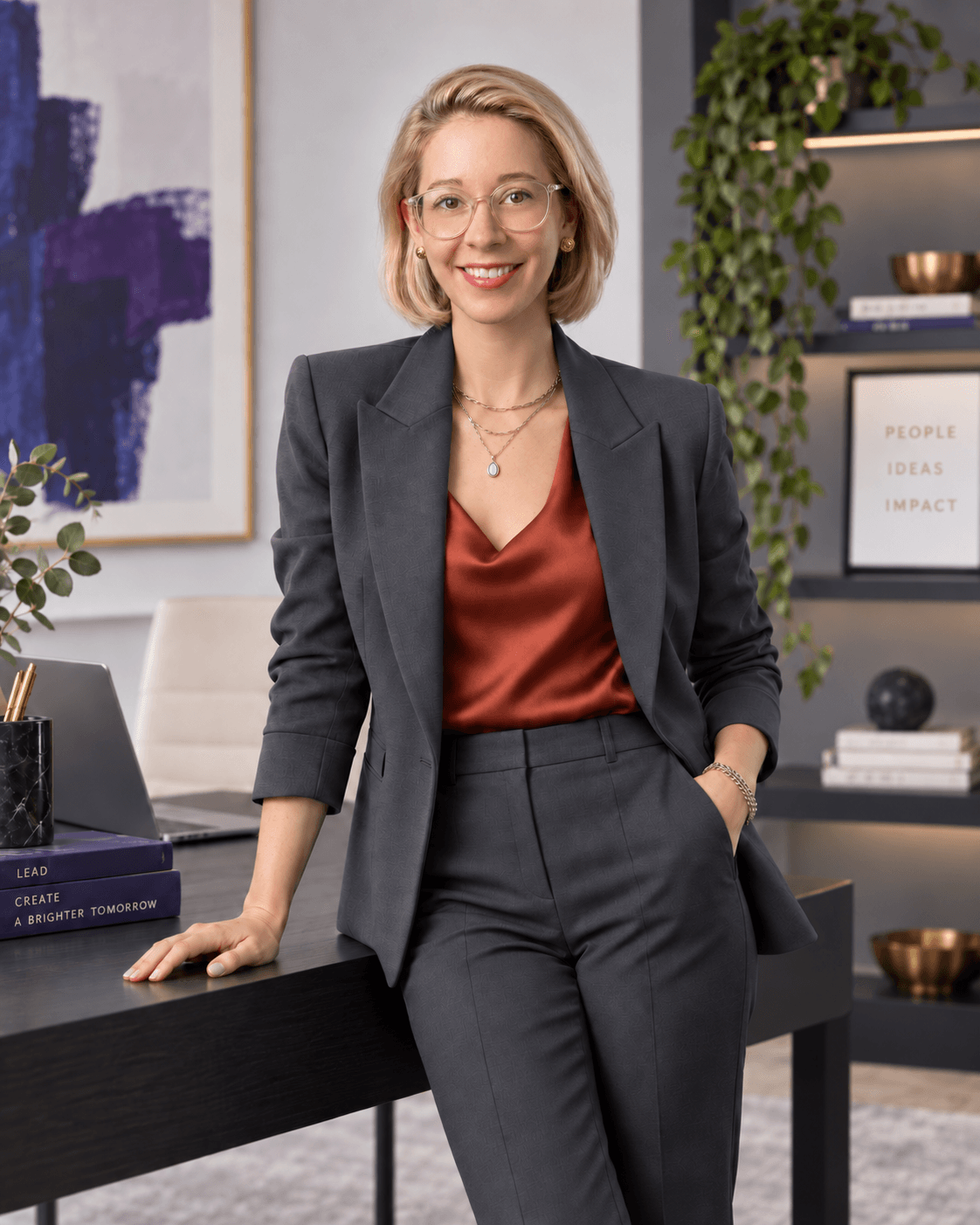 Kelsey Bartley, standing at a desk in an office