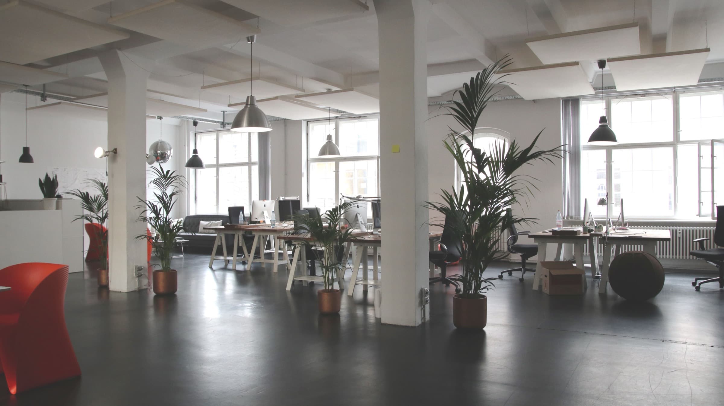 A bright open office with long shared tables and tall windows